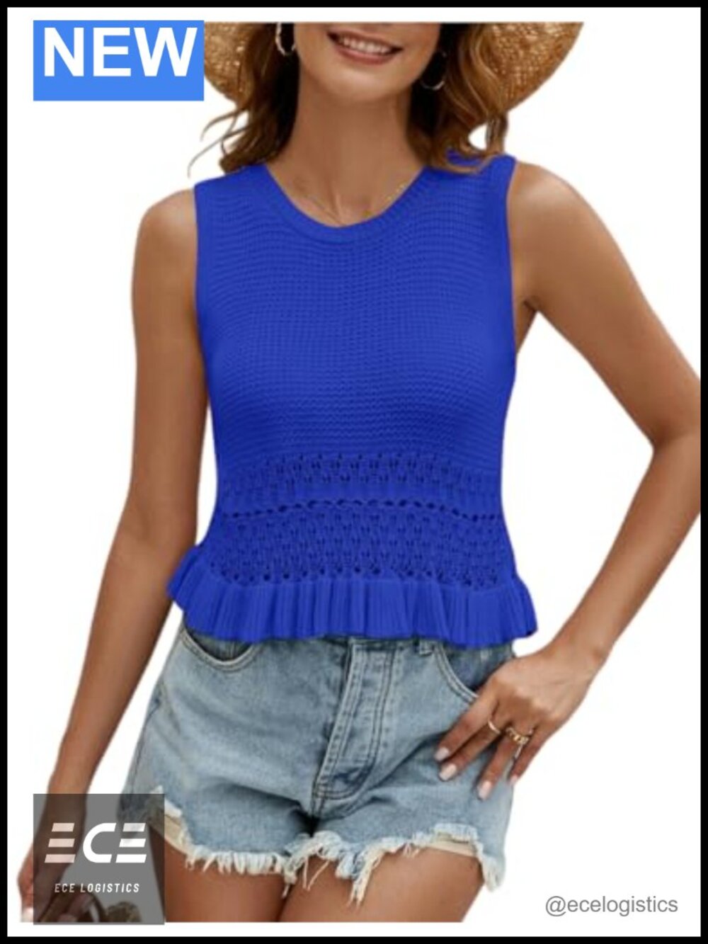 Crochet Crop Tank Top Sleeveless Knit Sweater Vest Ruffle Hem Summer Top